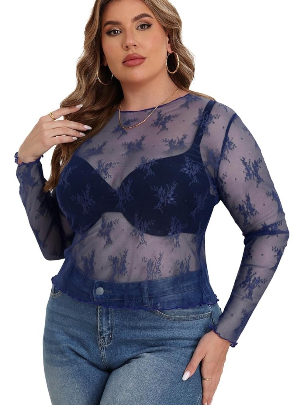 Sheer Navy Lace Long Sleeve Top